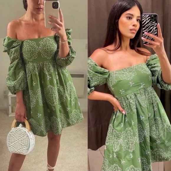 Zara Dresses & Skirts - Zara green embroidered openwork dress NEW